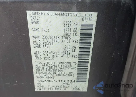 2016 Nissan Murano S z USA, uszkodzony, nr VIN 5N1AZ2MH7GN106234